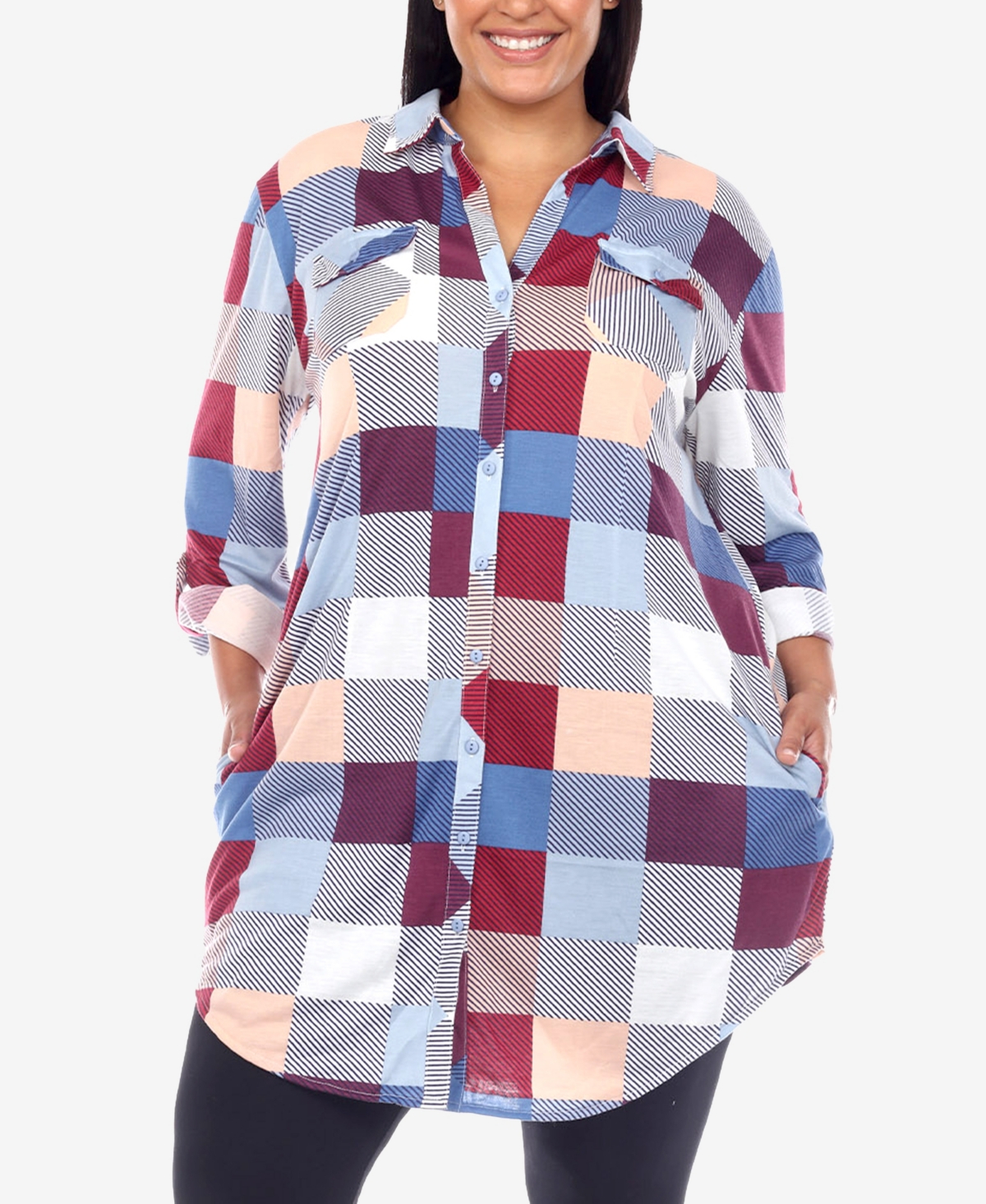 White Mark Plus Size Plaid Tunic Shirt In Blue And Burgundy