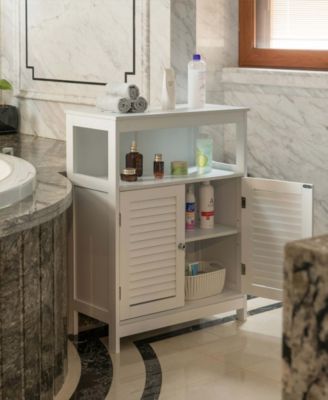 Wooden White Modern Storage Bathroom Vanity Cabinet with Adjustable Shelves and Two Horizontal Planks Design Doors