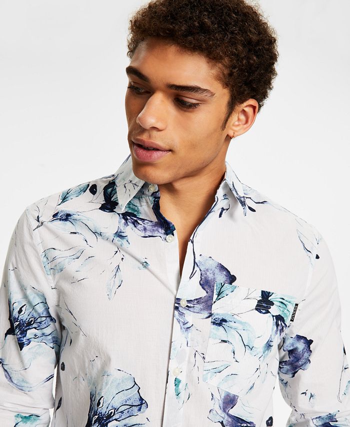 GUESS Men's Collins Watercolor Leaf Print Shirt Macy's