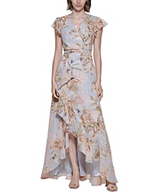 Flutter-Sleeve Floral-Print Dress