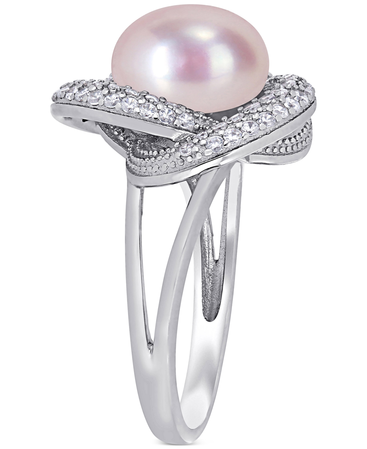 Pink Cultured Freshwater Pearl (10-1/2mm) & Cubic Zirconia Love Knot Statement Ring in Sterling- Silver