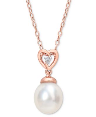 Macy's - Cultured South Sea Oval Pearl (8-9mm) & White Topaz Accent Heart Detail 18" Pendant Necklace in Rose-Tone Plated Sterling Silver