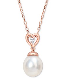 Cultured South Sea Oval Pearl (8-9mm) & White Topaz Accent Heart Detail 18" Pendant Necklace in Rose-Tone Plated Sterling Silver
