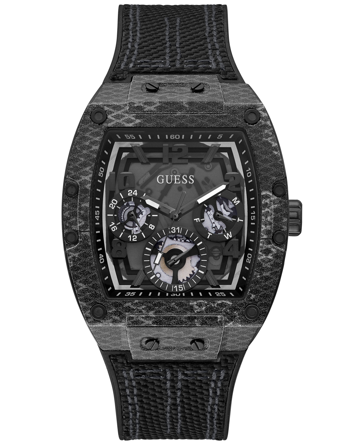 Guess Men's Black Genuine Leather And Silicone Strap Watch 44mm