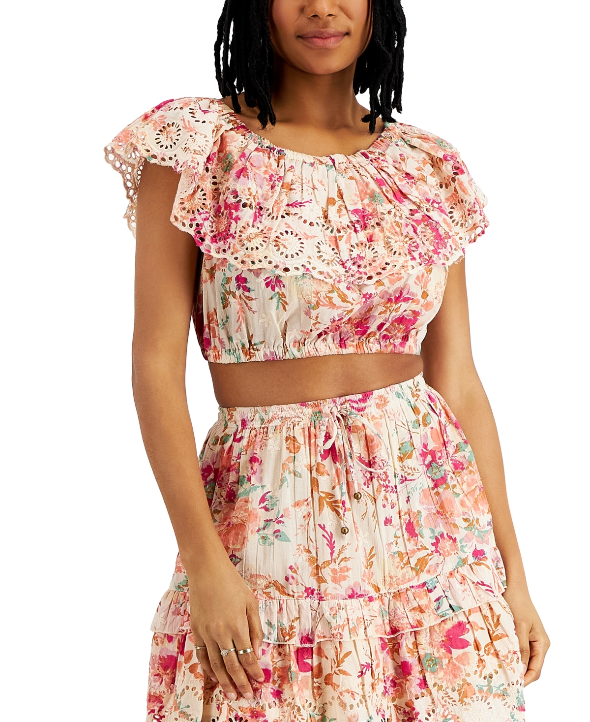 Angie Juniors' Printed Ruffled Cotton Crop Top In Ceramic Wh Floral