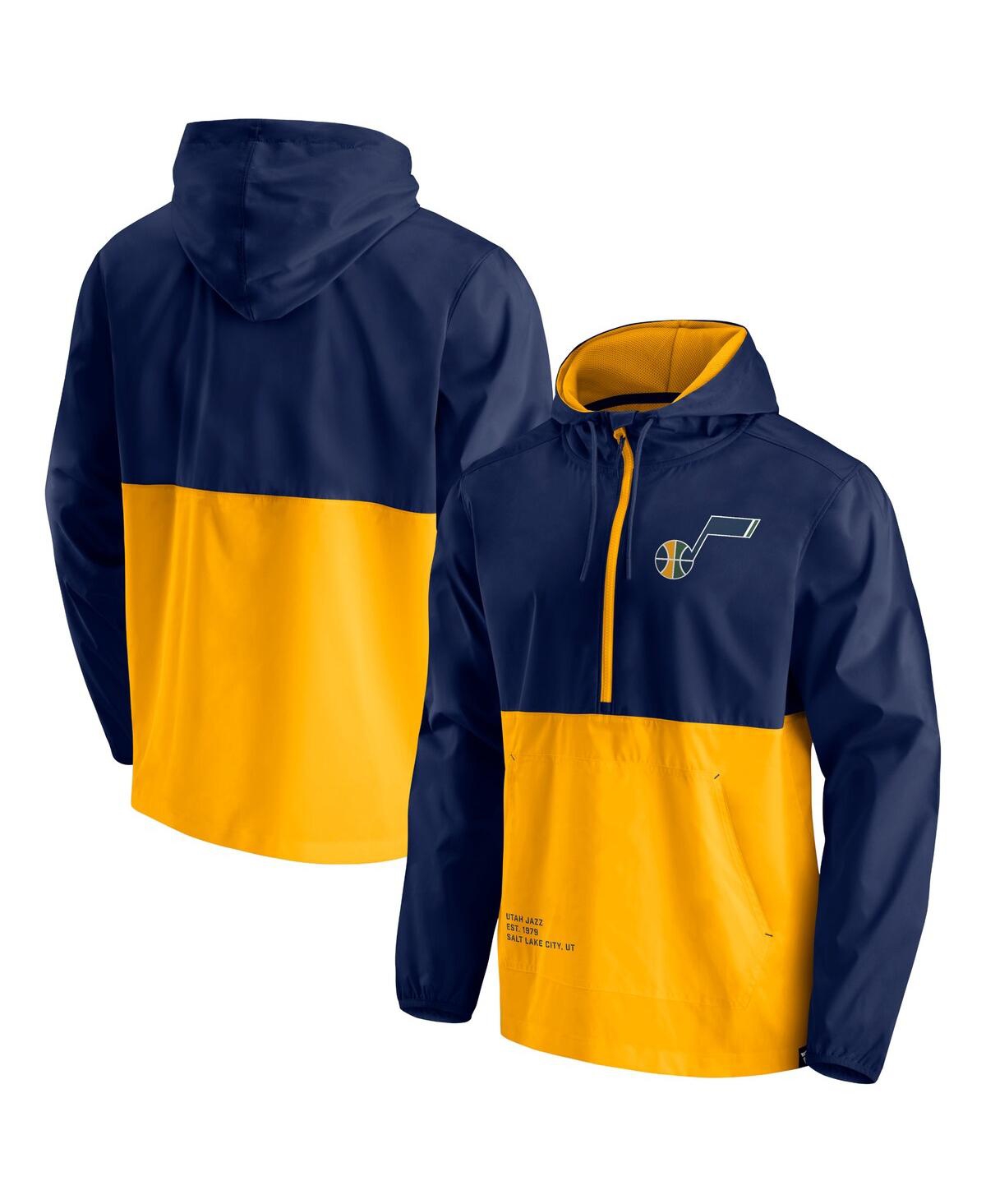Fanatics Men's  Navy, Gold Utah Jazz Anorak Block Party Windbreaker Half-zip Hoodie Jacket In Navy,gold