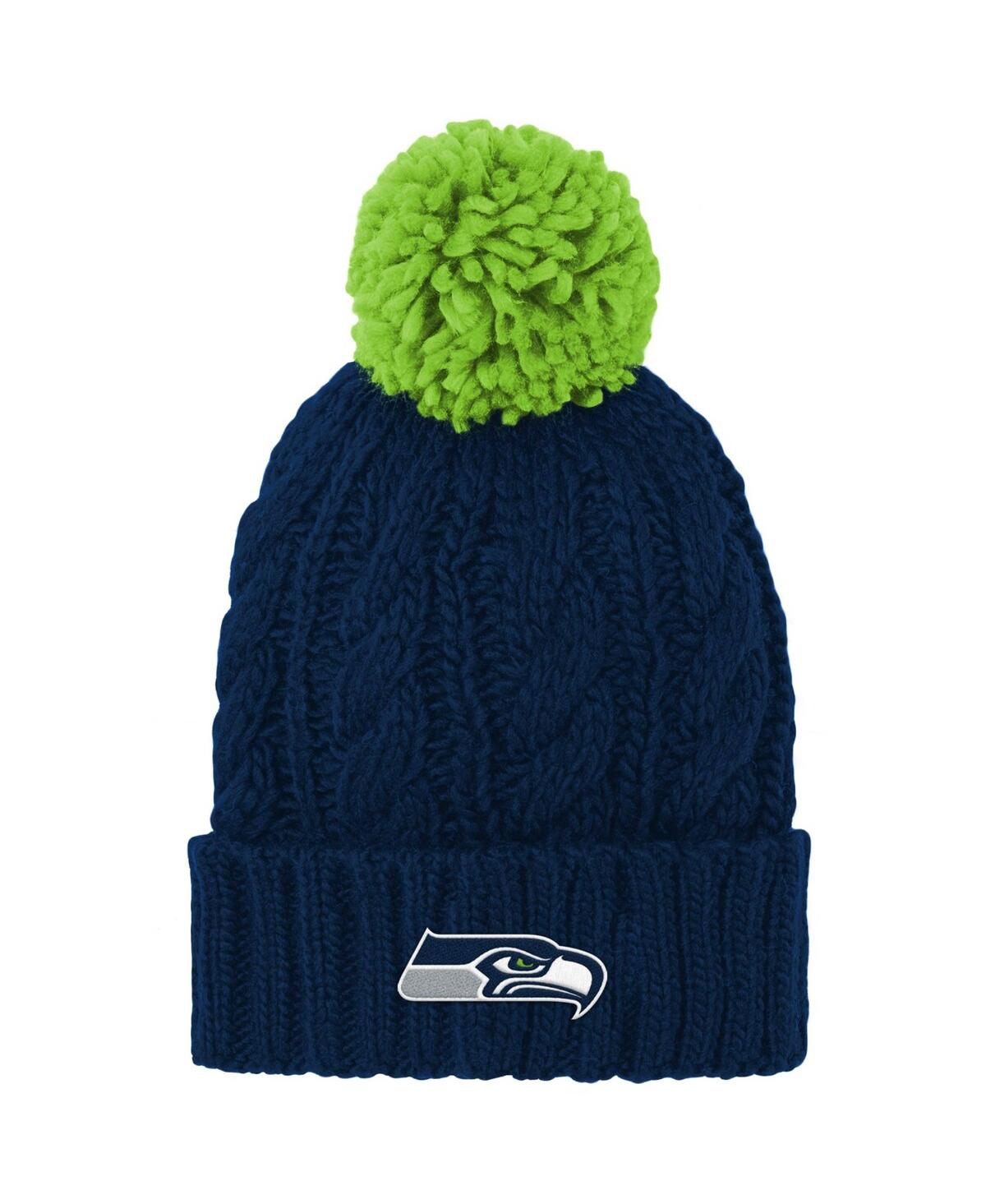 Outerstuff Kids' Big Girls College Navy Seattle Seahawks Cable Cuffed Knit Hat With Pom