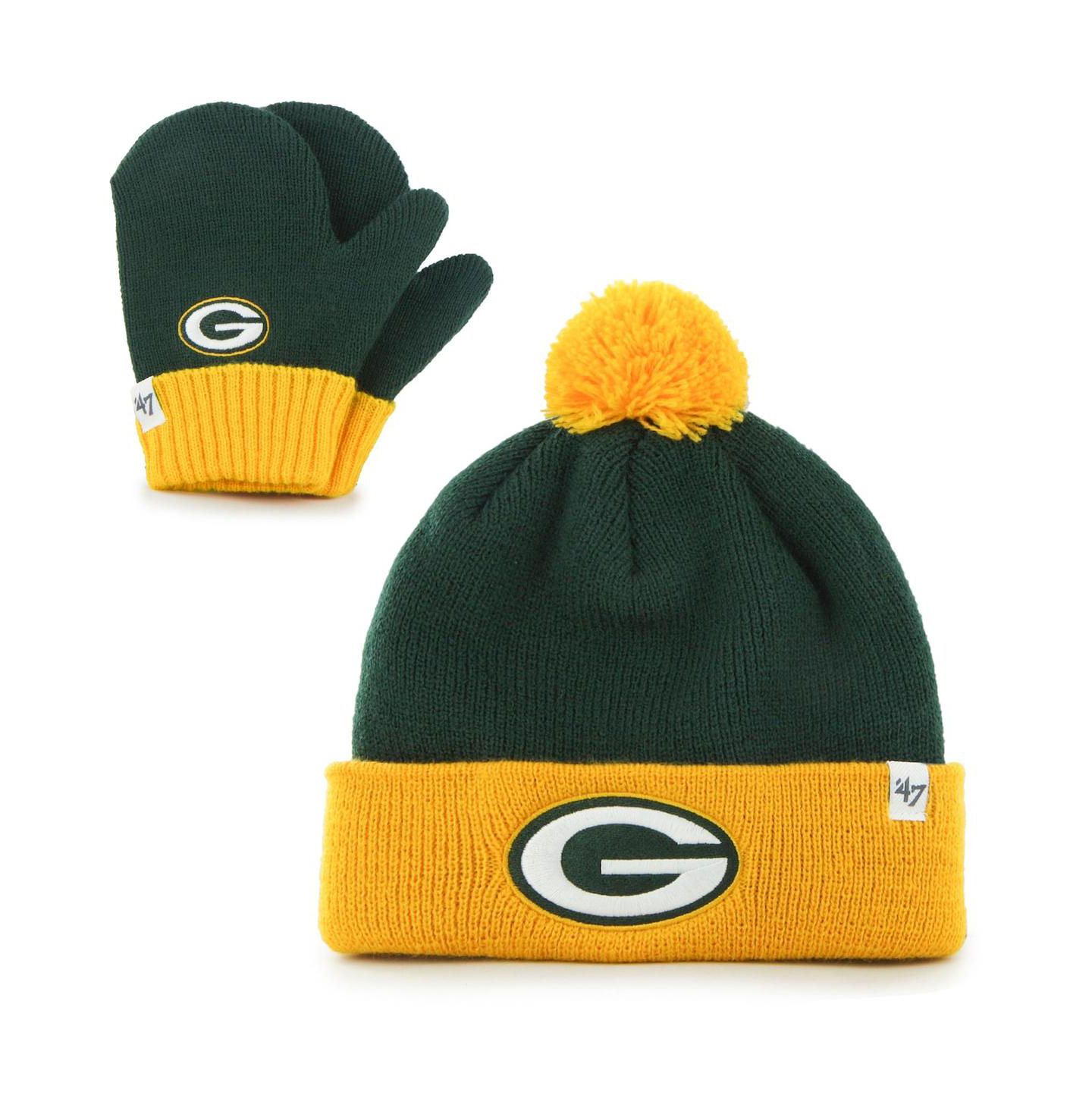 Головные уборы '47 Brand Unisex '47 Green, Gold Green Bay Packers Bam Bam Cuffed Knit Hat with Pom and Mittens Set для малышей — фото 1