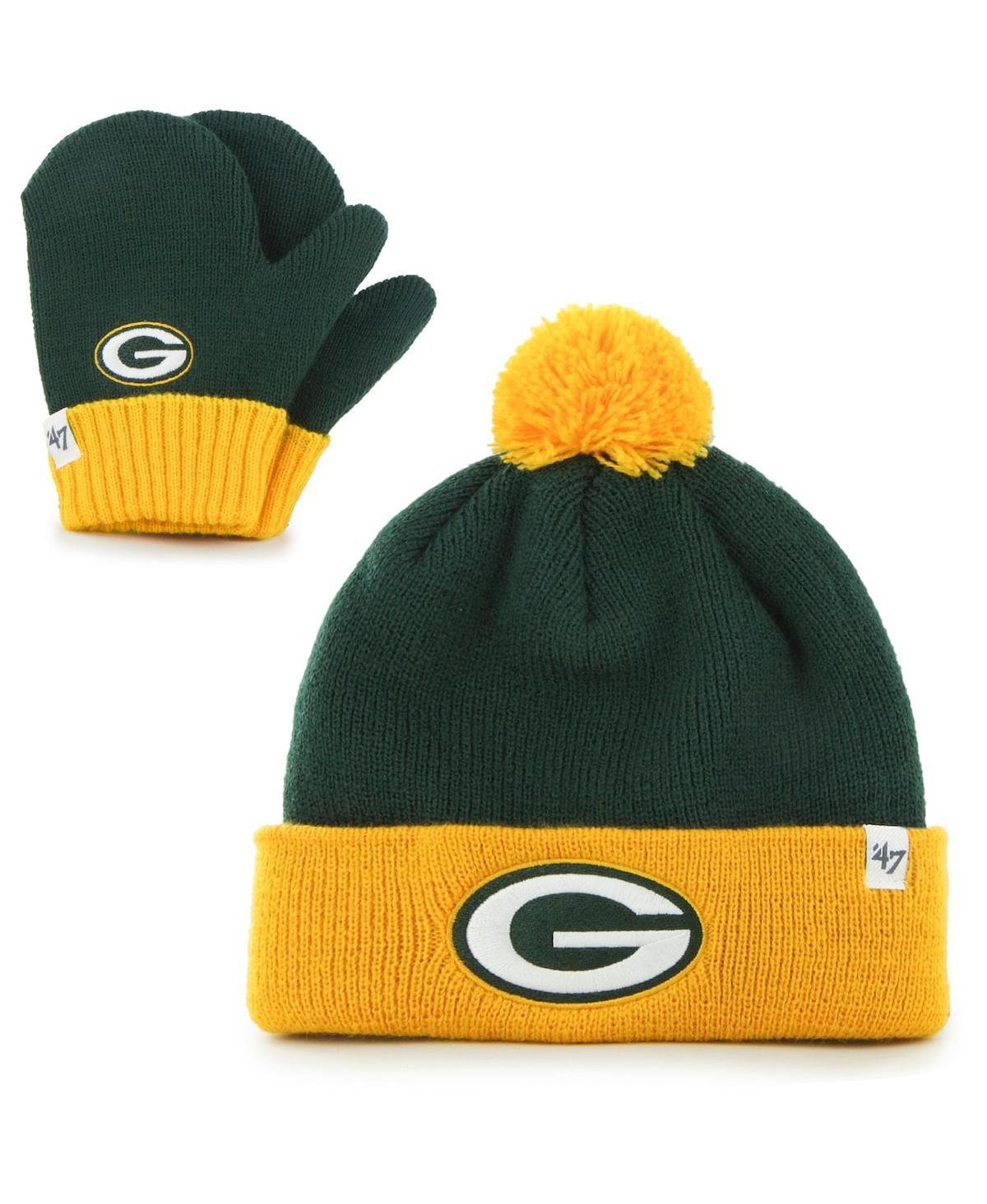 47 Brand Babies' Toddler Unisex Green And Gold Green Bay Packers Bam Bam Cuffed Knit Hat With Pom And Mittens Set In Green,gold