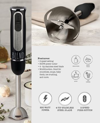 Rae Dunn Immersion Hand Blender- Handheld Immersion Blender with Egg Whisk  and Milk Frother Attachments, 2 Speed Blender, 500 Watts, Stainless Steel