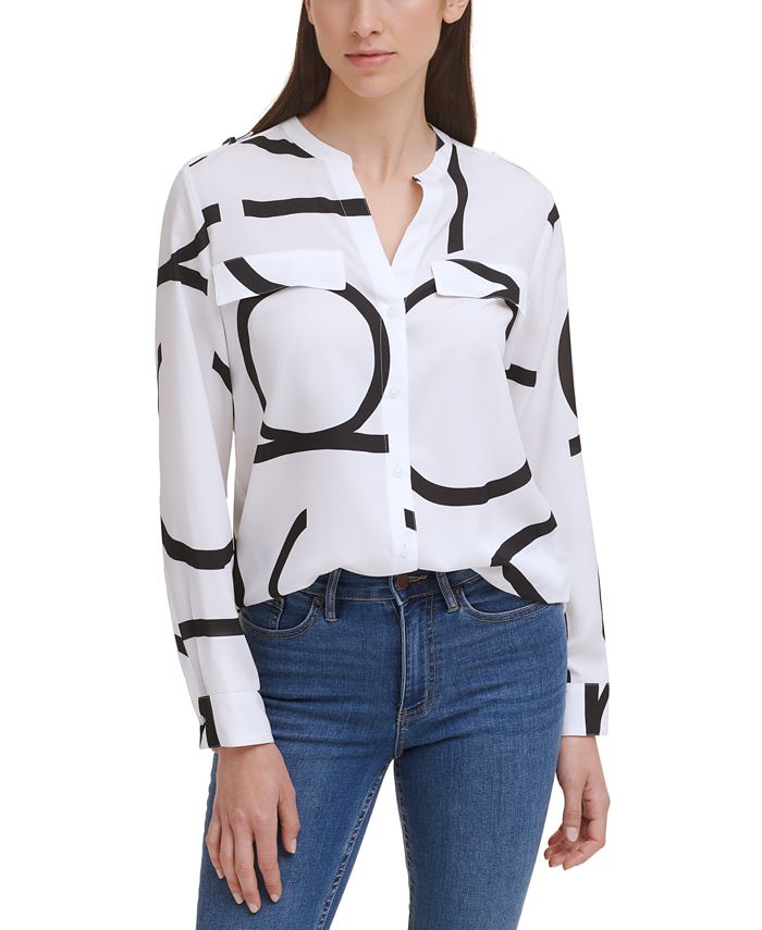 - Long Sleeve Button Front Macy\'s Calvin Klein Blouse Logo