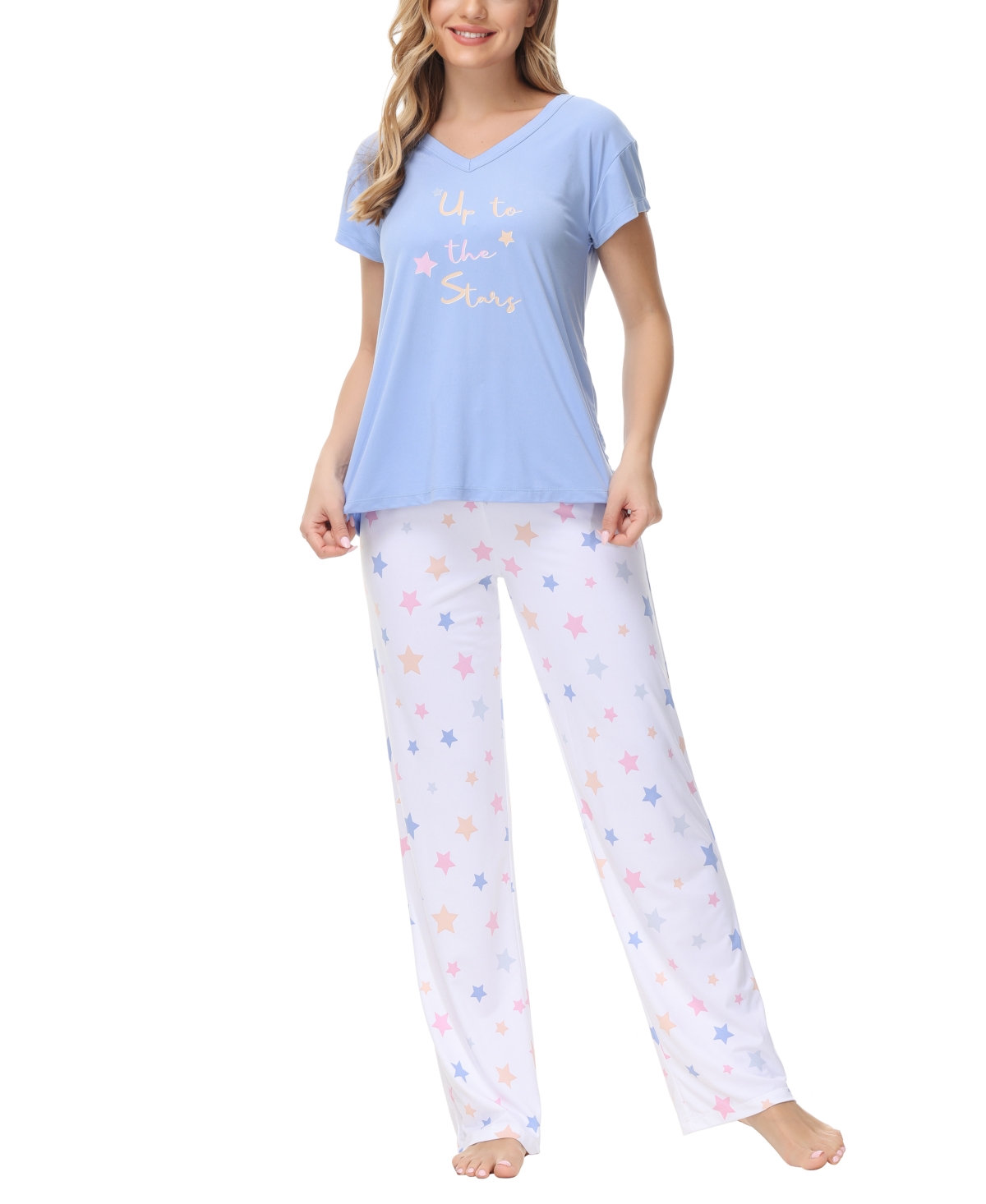 Ink Ivy Women's Knit V Neck Short Sleeve Top with Lounge Pant, Set of 2 - Pastel Stars