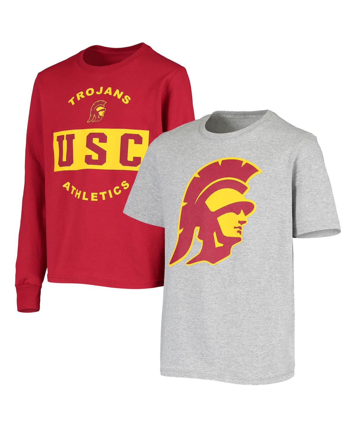 289C APPAREL YOUTH BOYS HEATHER GRAY, CARDINAL USC TROJANS GOAL LINE STATED 3-IN-1 T-SHIRT SET