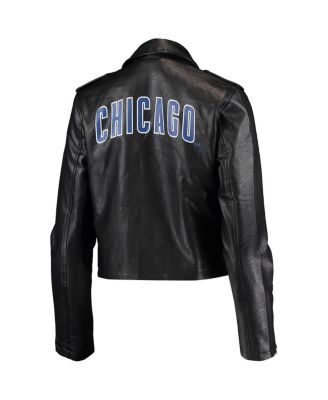 Women's Black Chicago Cubs Faux Leather Moto Full-Zip Jacket