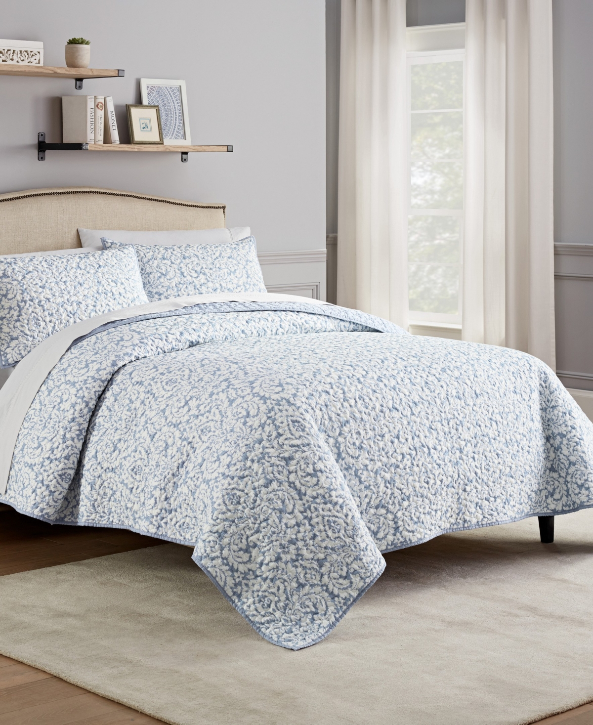 Waverly 3 Piece Traditions Dashing Damask Quilt Set, King In Porcelain
