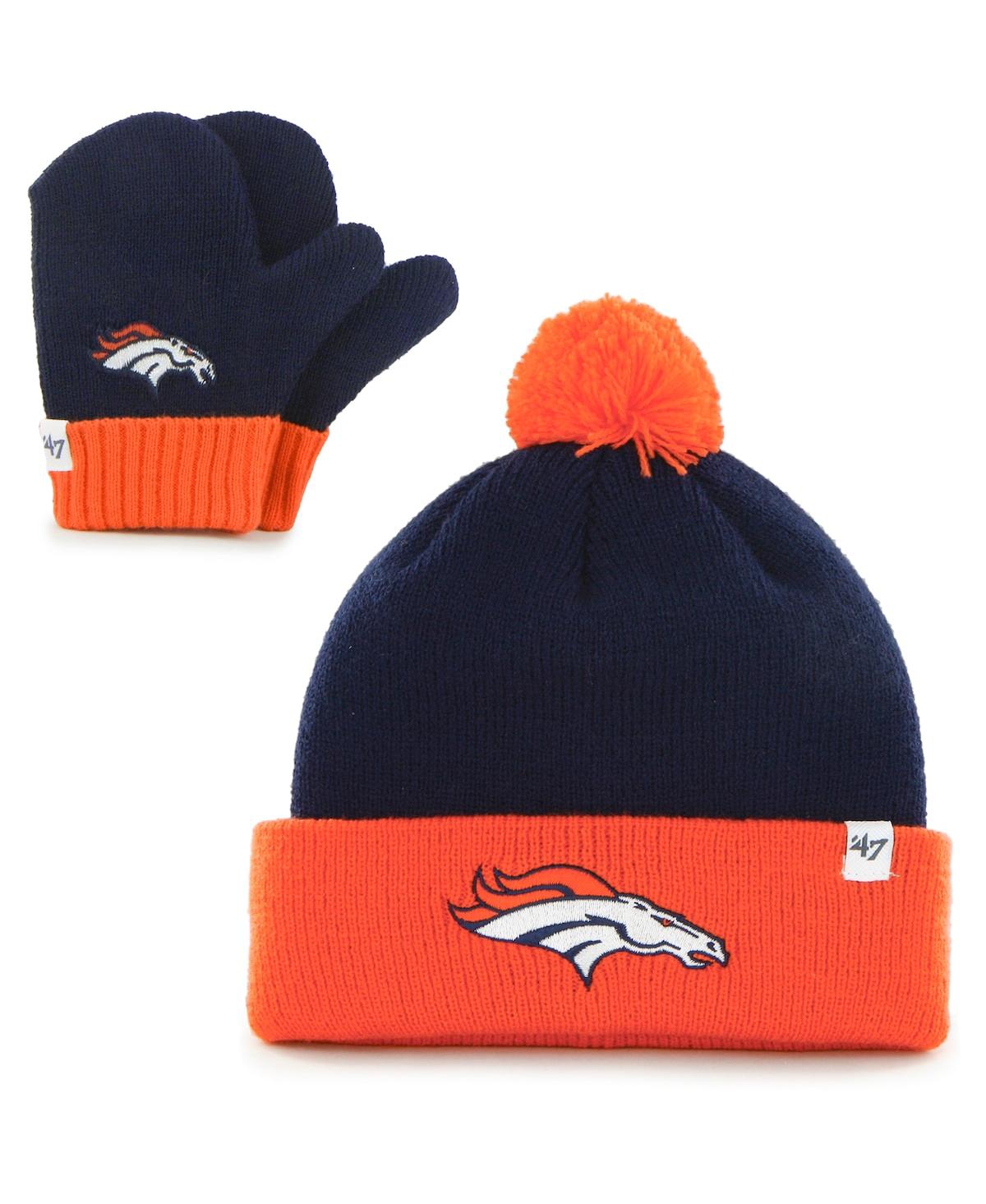 Shop 47 Brand Toddler Unisex Navy And Orange Denver Broncos Bam Bam Cuffed Knit Hat With Pom And Mittens Set In Navy,orange