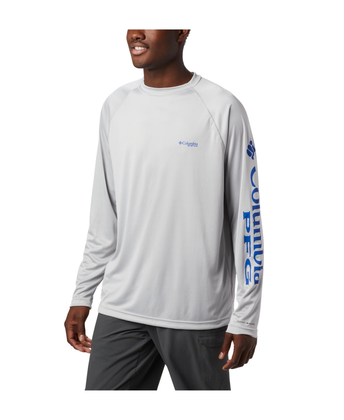 Shop Columbia Pfg Men's Terminal Tackle Upf 50 Quick Dry Shirt In Cool Grey,vivid Blue Logo