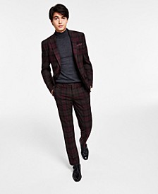 Men's Slim-Fit Burgundy Plaid Suit Separates, Created for Macy's
