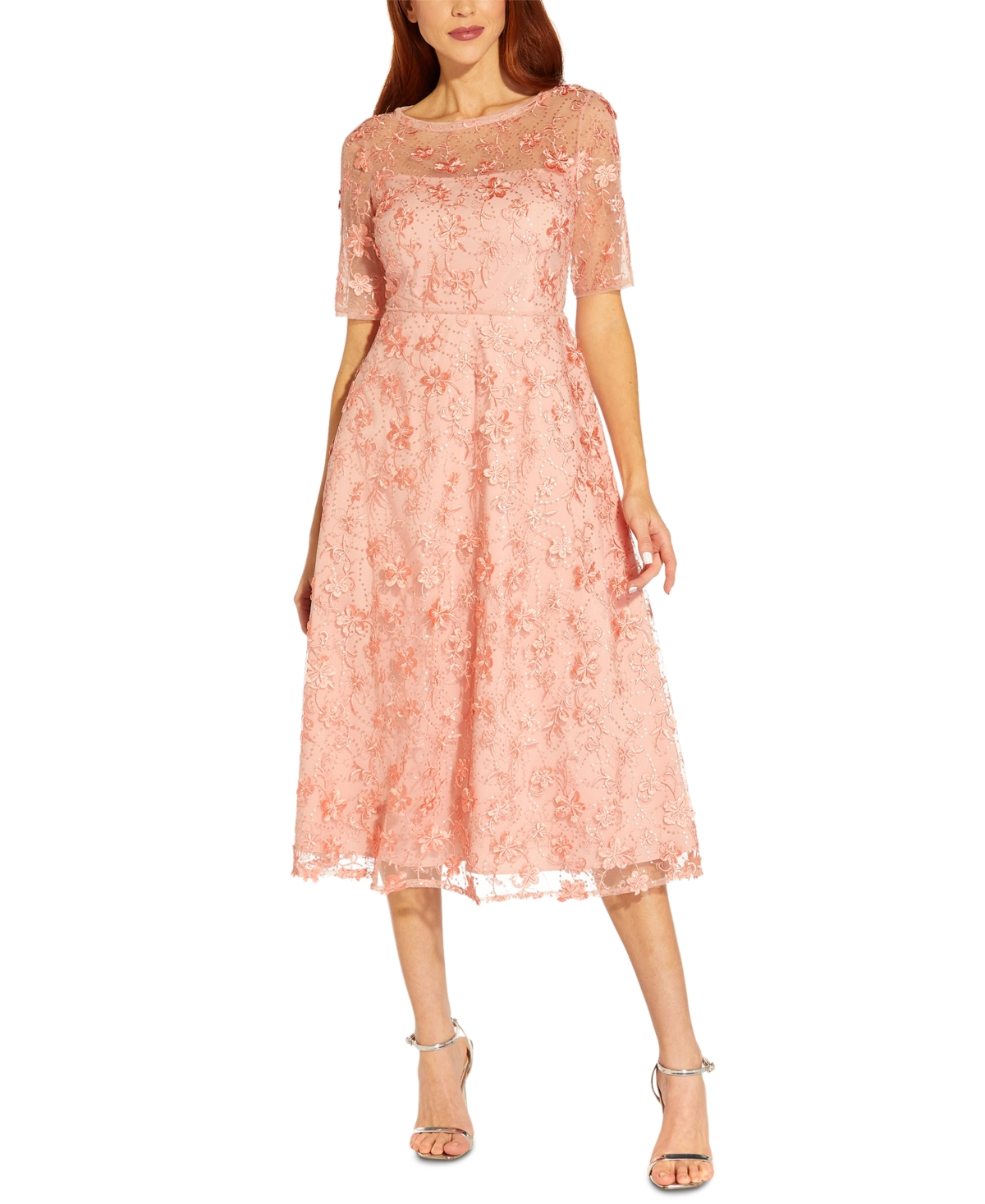 ADRIANNA PAPELL EMBROIDERED MIDI DRESS