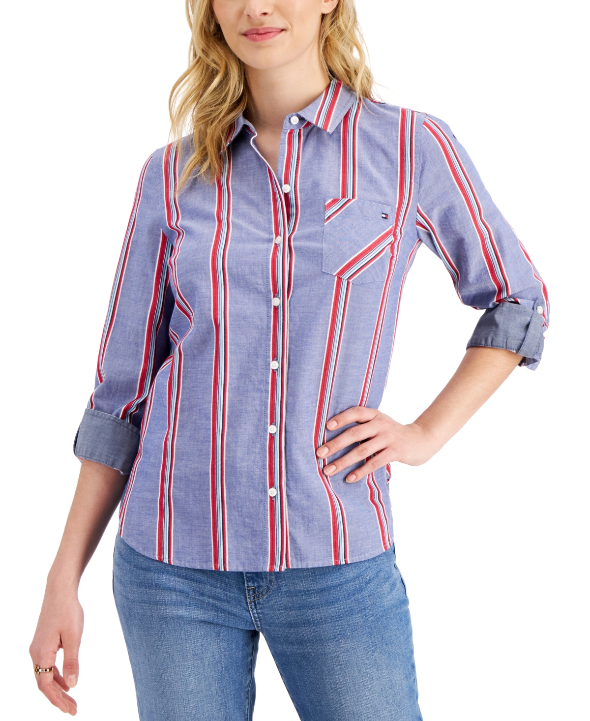 Tommy Hilfiger Women's Cotton Striped Roll-Tab Shirt