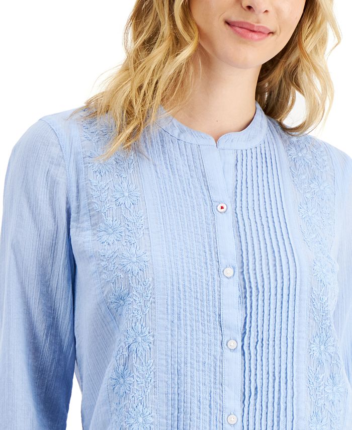 Tommy Hilfiger Women's Cotton Pintuck Embroidered Blouse Macy's