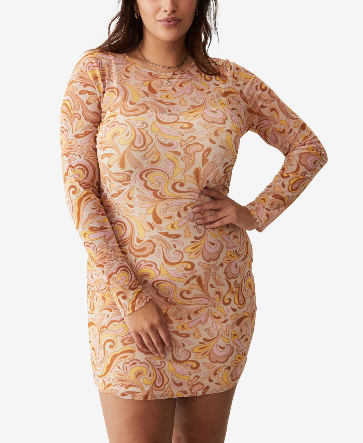 Cotton On Trendy Plus Size Long Sleeve Mesh Mini Dress In Jodie Psychedelic Paisley Retro Sunshine
