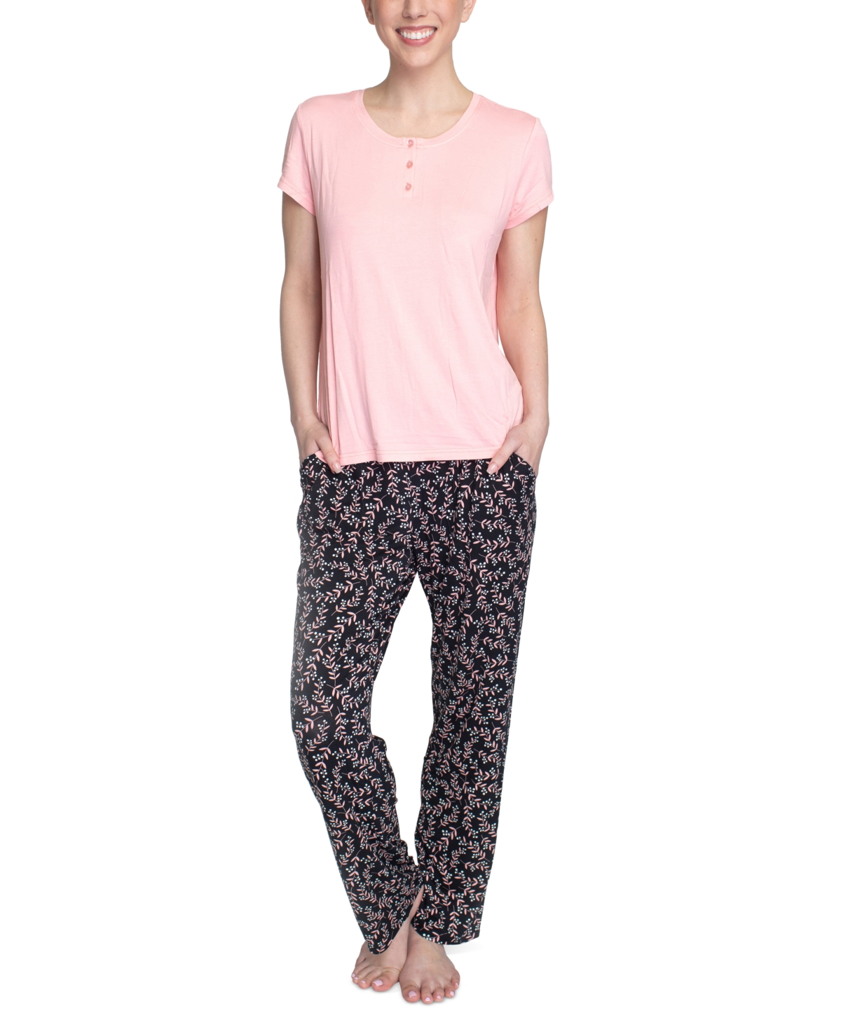Hanes Women's Short Sleeve Henley Top & Pajama Pants Set