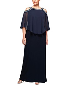 Plus Size Beaded Cold-Shoulder Overlay Gown