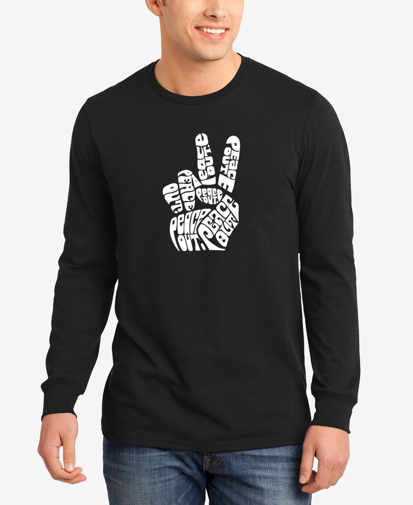 Мужская футболка LA Pop Art Word Art Long Sleeve Peace Out, цвет: Чёрный — фото 1