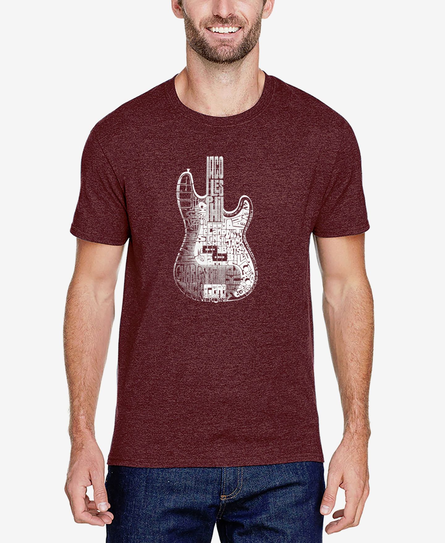 Мужская футболка LA Pop Art Cotton/Poly Blend Word Art Bass Guitar, цвет: Бордовый — фото 1