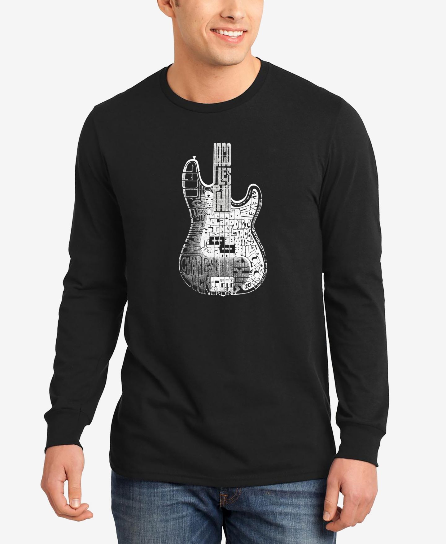 Мужская футболка LA Pop Art Word Art Long Sleeve Bass Guitar, цвет: Чёрный — фото 1