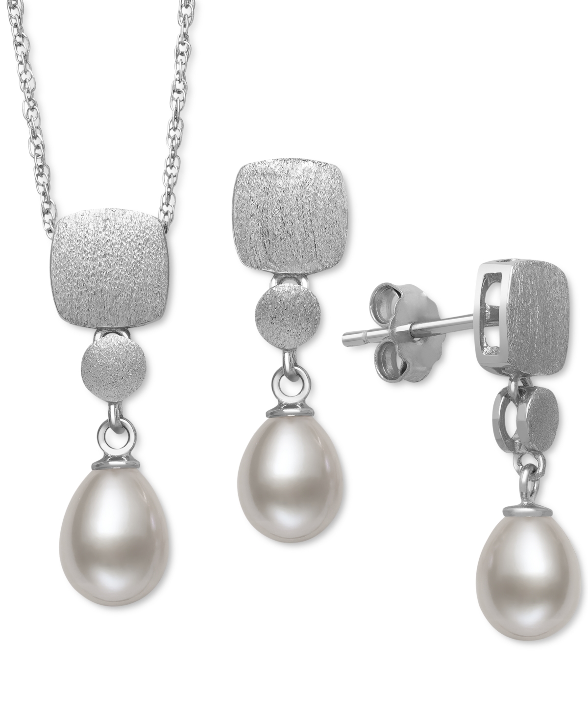 2-Pc. Set Cultured Freshwater Pearl (6mm) Brushed Finish Pendant Necklace & Matching Drop Earrings in Sterling Silver, Created for Macy's