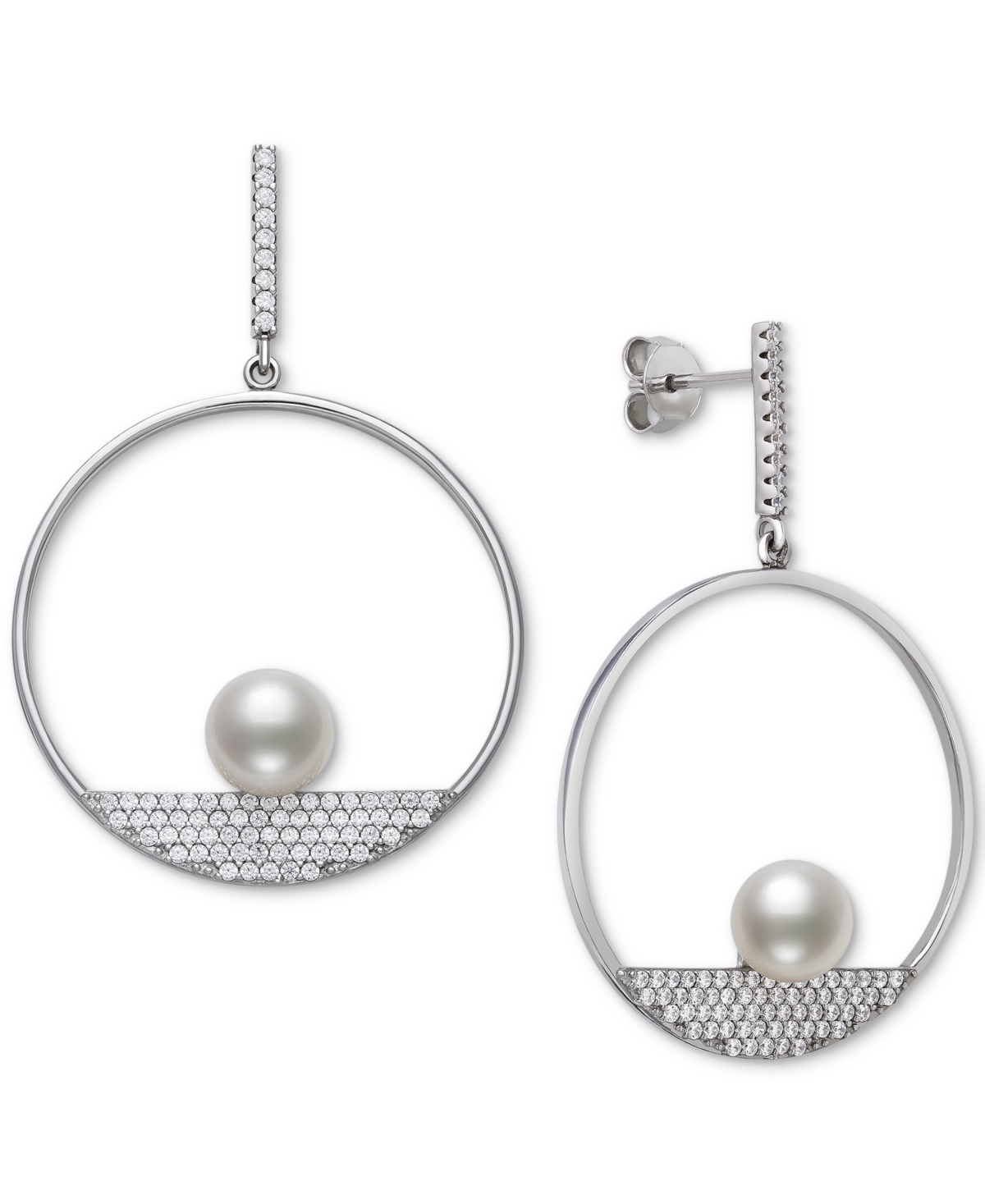 Cultured Freshwater Button Pearl (7mm) & Cubic Zirconia Pave Circle Drop Earrings, Created for Macy's - Sterling Silver