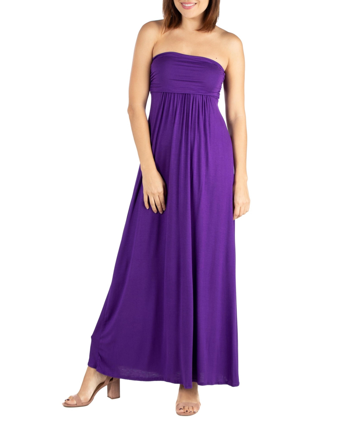 24seven Comfort Apparel Strapless Empire Waist Maxi Dress In Purple