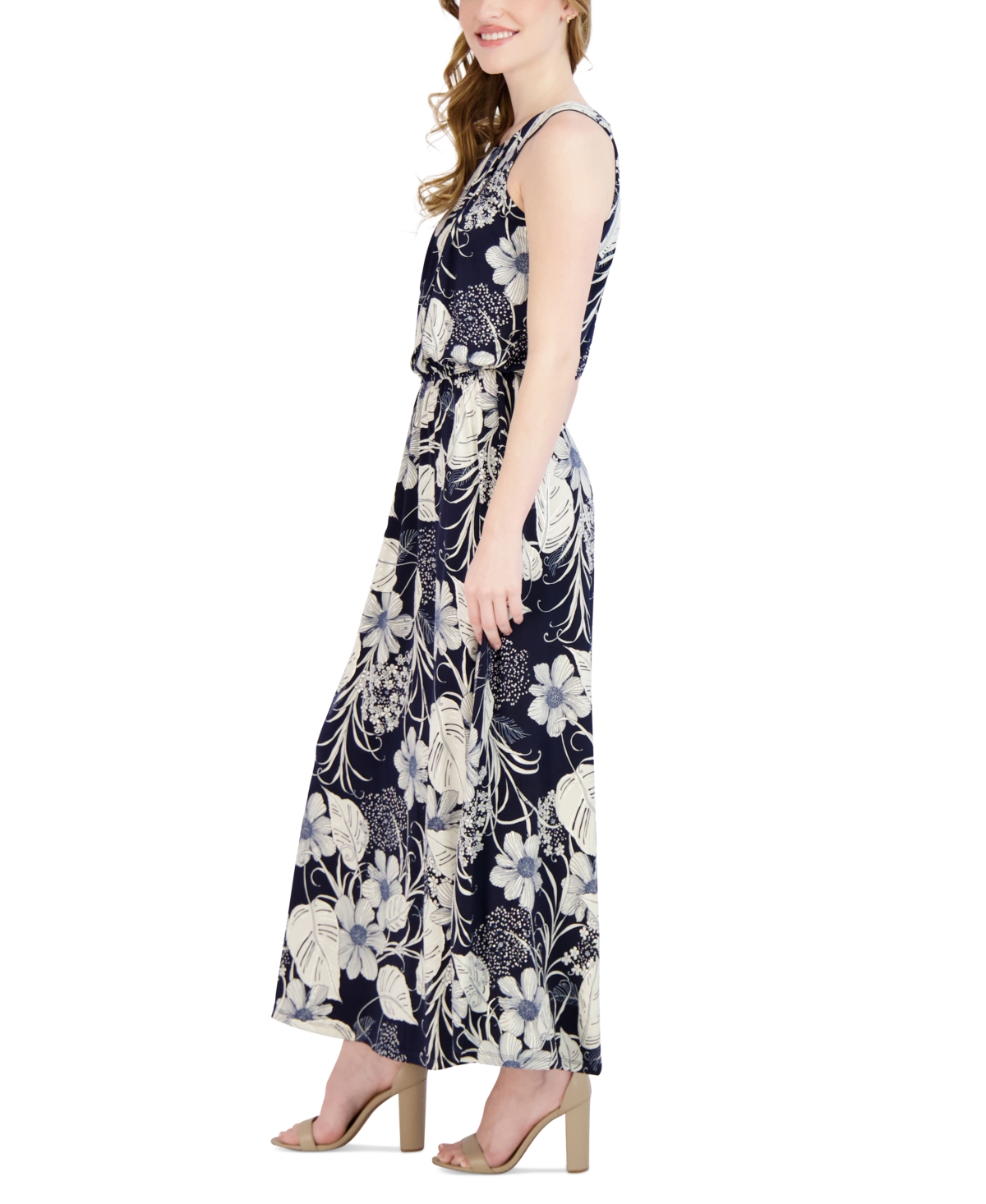 Shop Robbie Bee Petite Pleated-neck Maxi Dress In Navy,ivory