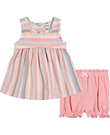 Baby Girls Multi-Stripe Logo Top and Bloomers Set, 2 Piece