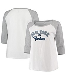 Women's White, Heathered Gray New York Yankees Plus Size Baseball Raglan 3/4 Sleeve T-shirt
