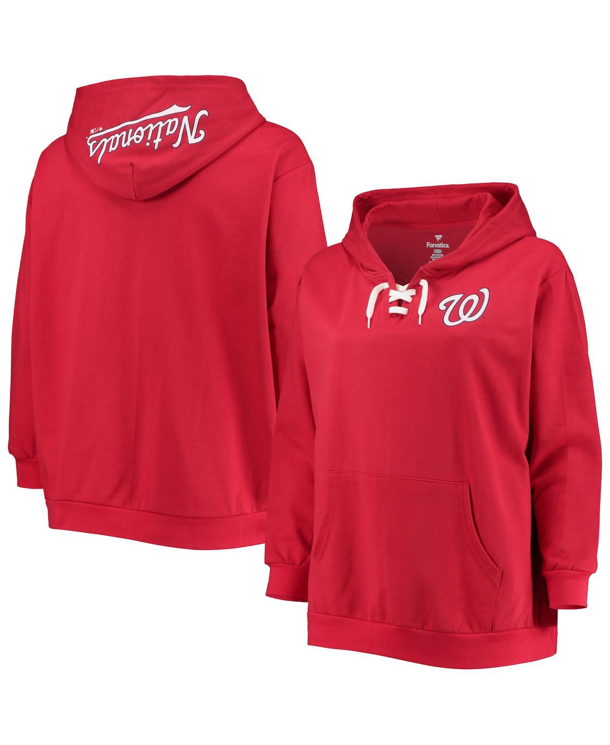 PROFILE WOMEN'S RED WASHINGTON NATIONALS PLUS SIZE LACE-UP V-NECK PULLOVER HOODIE
