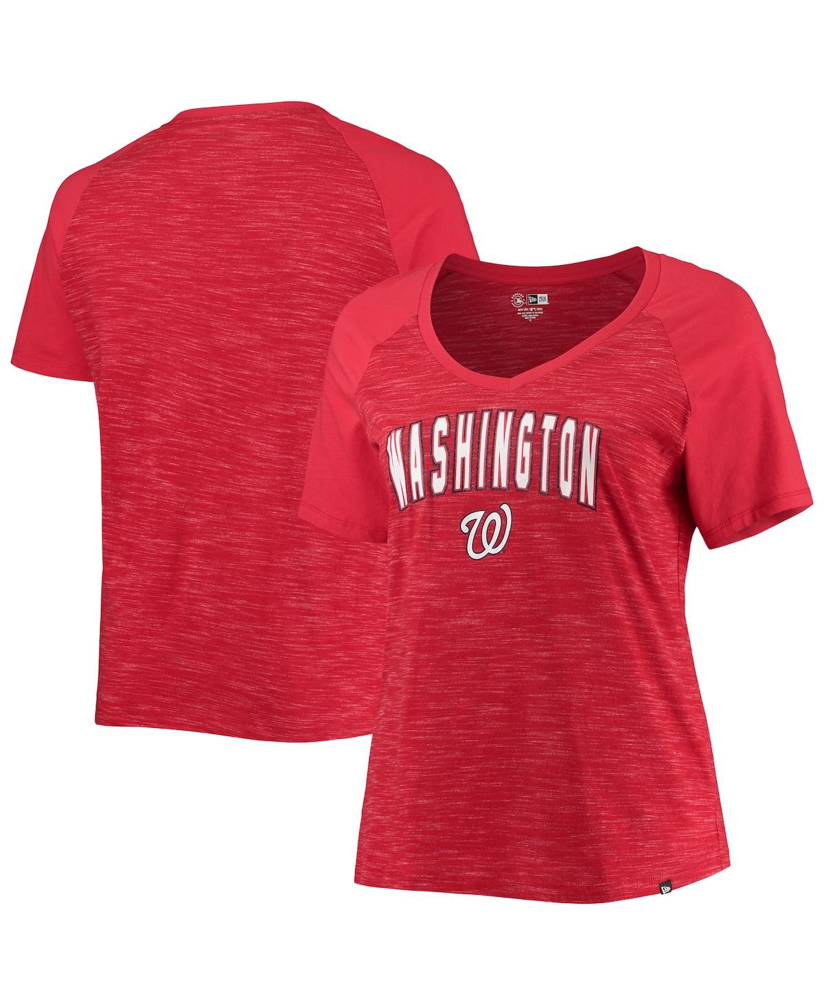 NEW ERA WOMEN'S NEW ERA RED WASHINGTON NATIONALS PLUS SIZE RAGLAN V-NECK T-SHIRT 