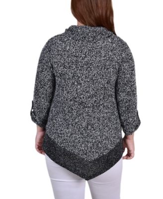 Plus Size Long Roll Tab Sleeve Nubby Cowl Neck Top