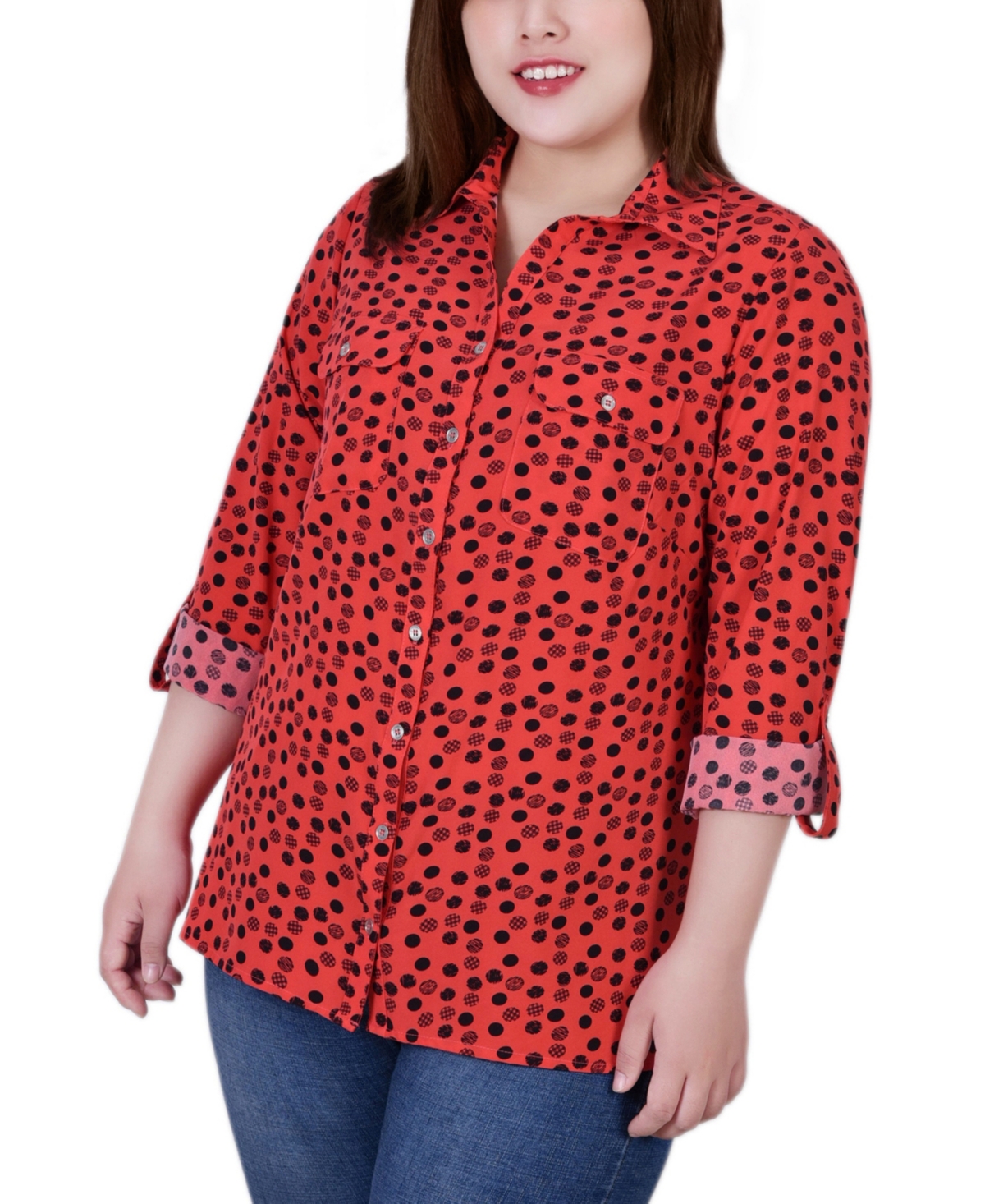 NY COLLECTION PLUS SIZE 3/4 SLEEVE ROLL TAB NOTCH COLLAR BLOUSE 