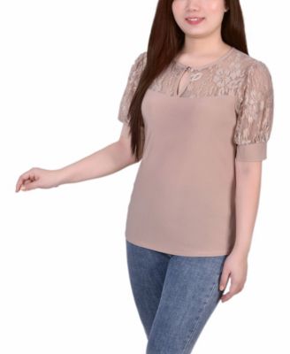 Women's Short Puff Sleeve Top with Lace Sleeves and Yoke