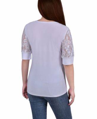 Women's Short Puff Sleeve Top with Lace Sleeves and Yoke