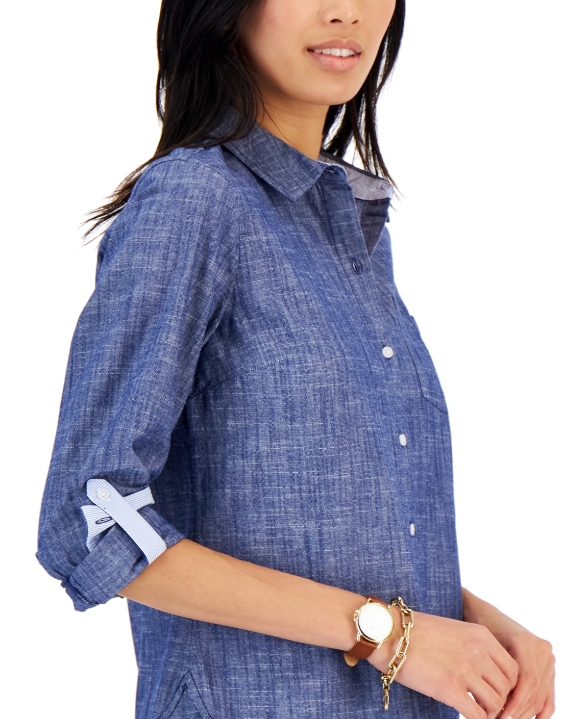 Tommy Hilfiger Women's Cotton Printed Roll-Tab Utility Shirt
