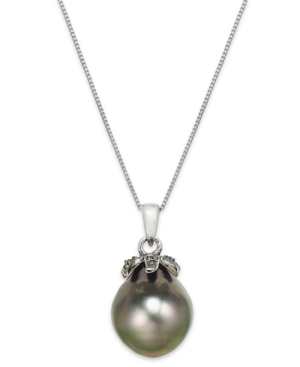 image of Tahitian Pearl (12mm) and Black Diamond Accent Pendant Necklace in 14k White Gold
