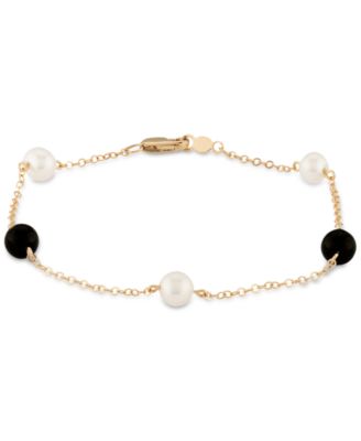 Macy's - Cultured Freshwater Pearl (5mm) & Onyx (5mm) Chain Bracelet in 14k Gold