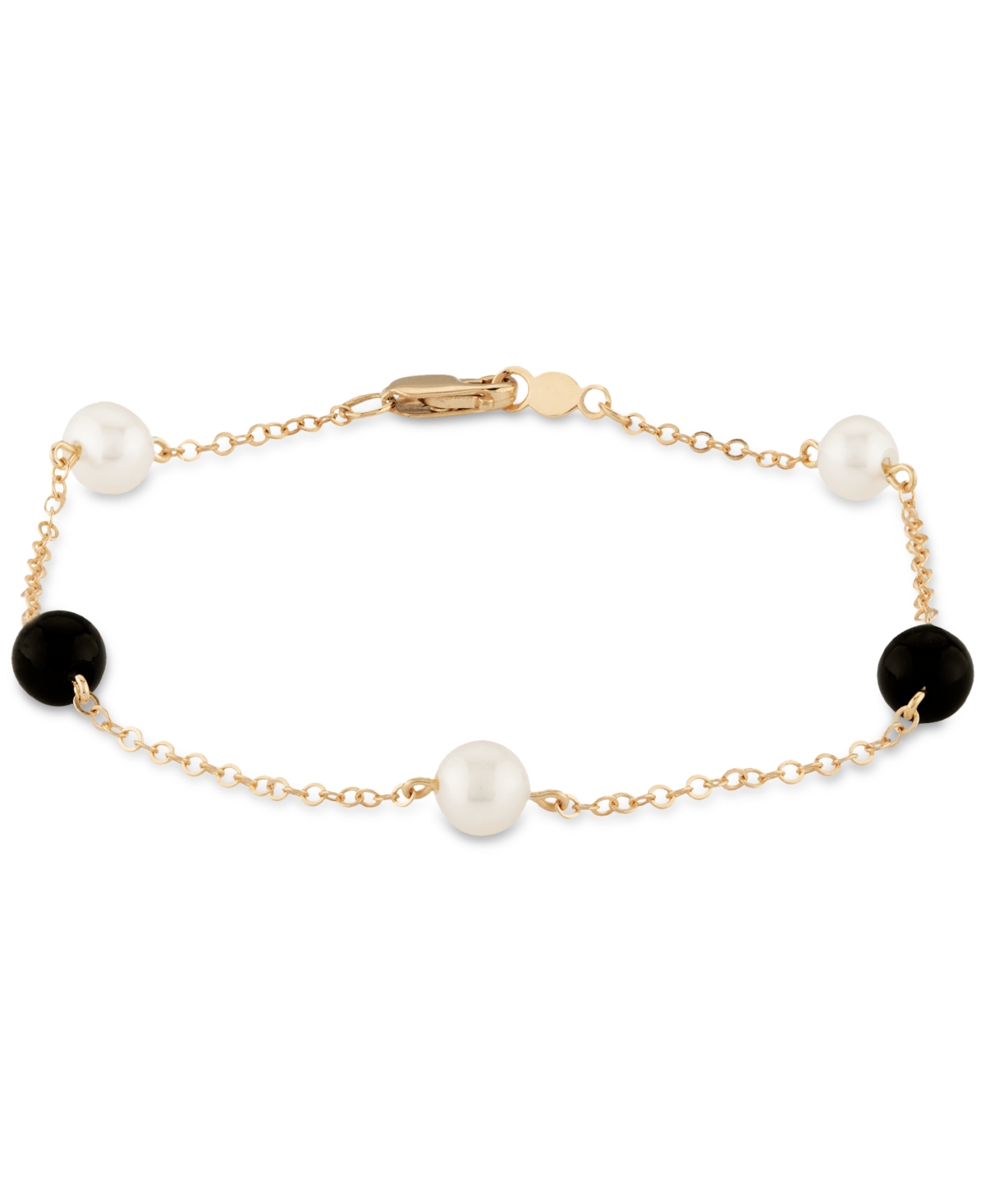 Macy's Cultured Freshwater Pearl (5mm) & Onyx (5mm) Chain Bracelet In 14k Gold