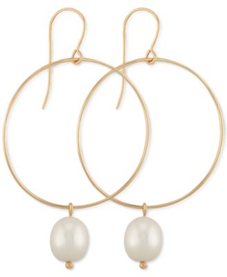 Macy's - Cultured Freshwater Pearl (10 x 8mm) Drop Hoop Earrings in 14k Gold