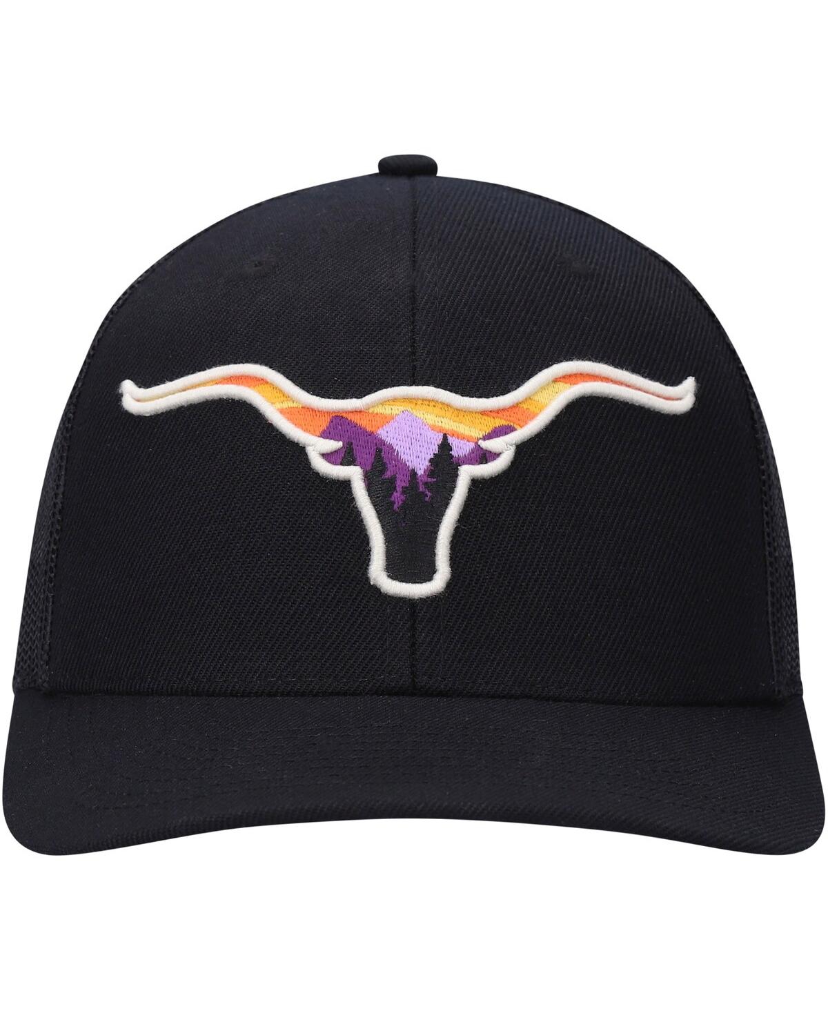 Shop Local Crowns Men's  Black Longhorn Animal Collection Forest Views Trucker Snapback Hat