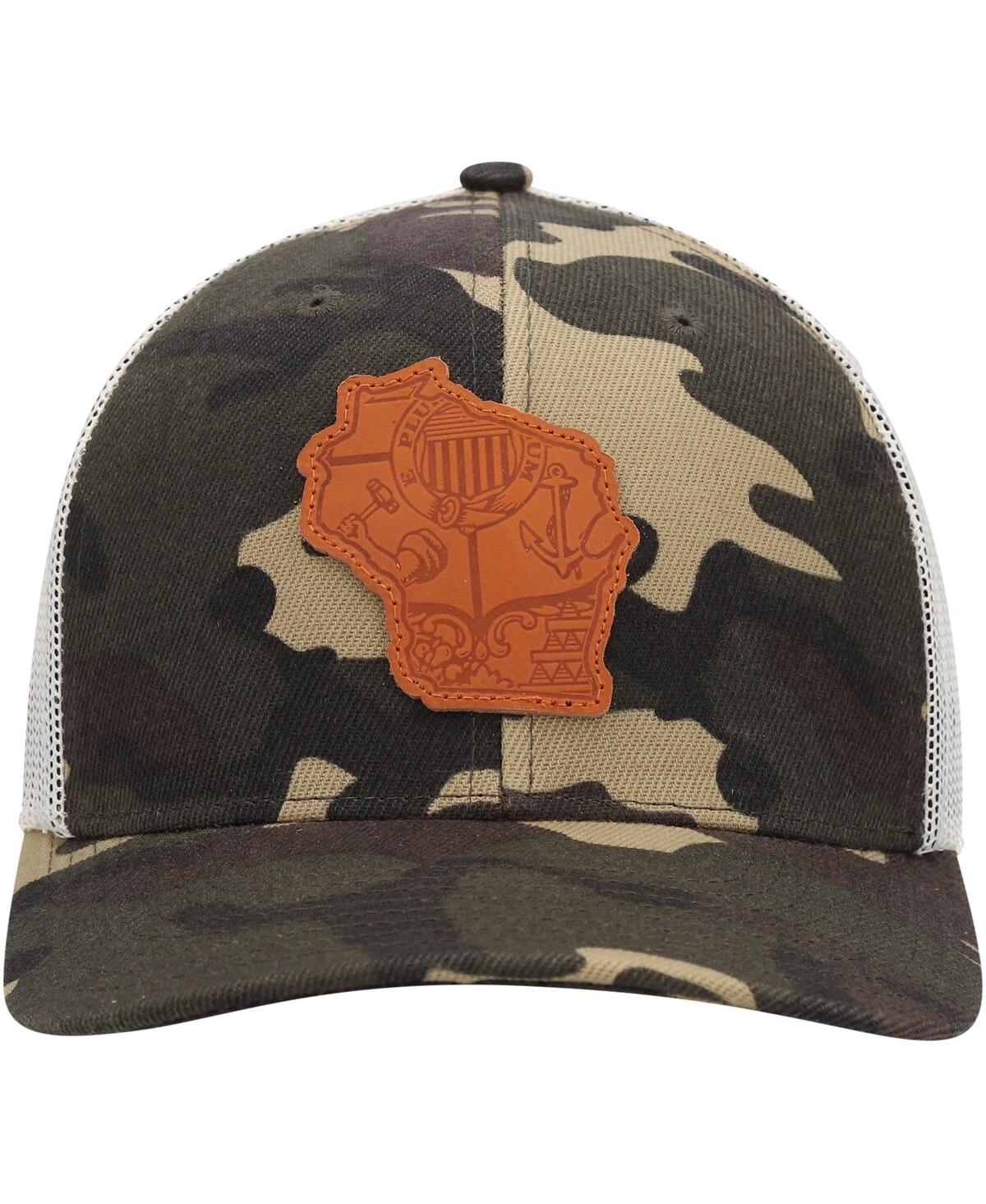 Shop Local Crowns Men's  Camo Wisconsin Icon Woodland State Patch Trucker Snapback Hat